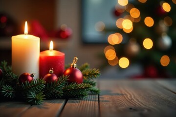 Festive candle, toys & wreath on wood Bokeh background Merry Christmas & Happy New Year , fir, christmas candle