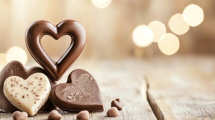 Closeup of a chocolate sculpture shaped as intertwined hearts, artisanal Valentine touch