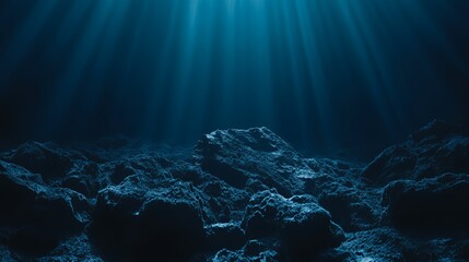 Sunbeams Illuminate Deep Ocean Rocky Seabed