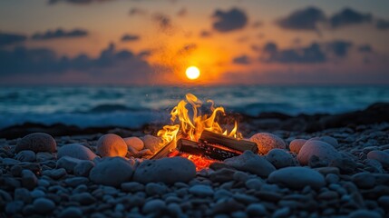 Sunset beach bonfire with vibrant flames and tranquil ocean waves at dusk