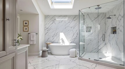 Modern Marble Bathroom with Bathtub and Shower, Luxurious Interior