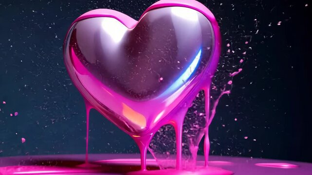 Chrome heart in y2k style with holographic liquid. Trendy Valentine's Day card