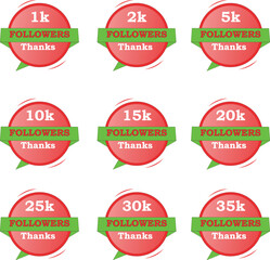 1k, 2k, 5k, 10k, 15k, 20k, 25k, 30k, 35k followers bundle for users with Red gradient, light green and plain white background in graphic world.