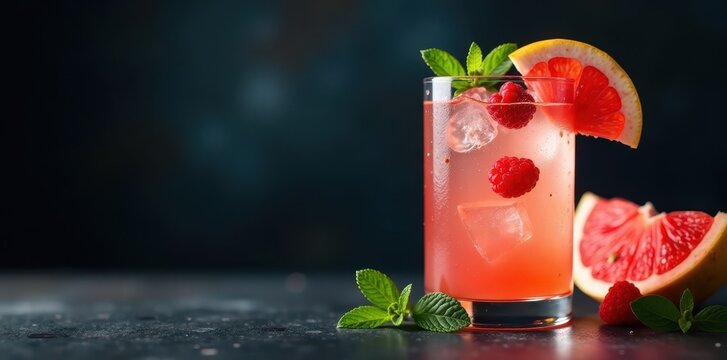 Glass of gin tonic with grapefruit slice and raspberry garnish on dark background, summer cocktail, drink, citrus
