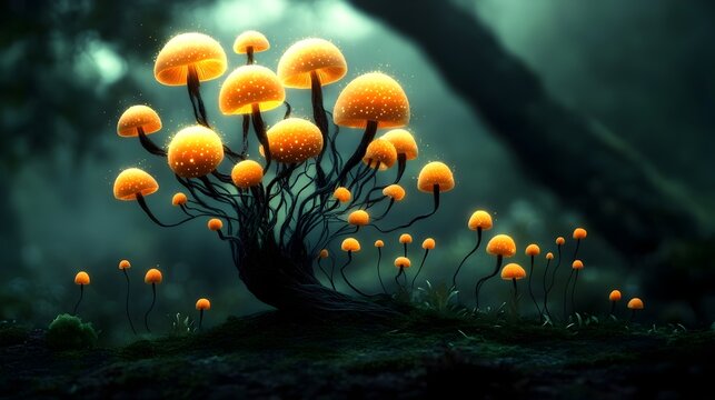 Surreal digital art showcasing an intricate network of pulsing bioluminescent tendrils as a slime mold organism coalesces and merges its delicate mycelial structures in response to pheromone signals