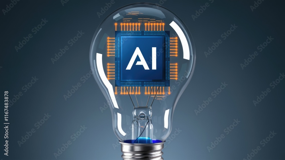 Poster ai microchip inside a lightbulb symbolizes innovative ideas and intelligent solutions.
