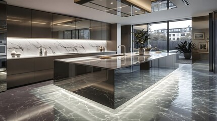 Obraz premium Modern Kitchen with Island, Marble Countertops, Luxury Design, Open Space