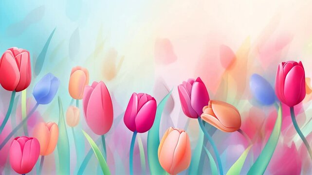 Spring light floral illustration, colorful tulips swaying in the wind