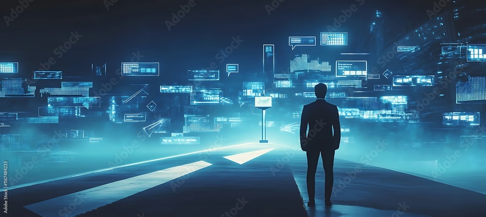 Poster conceptual image of a businessman standing at a crossroads with digital signs pointing in different 
