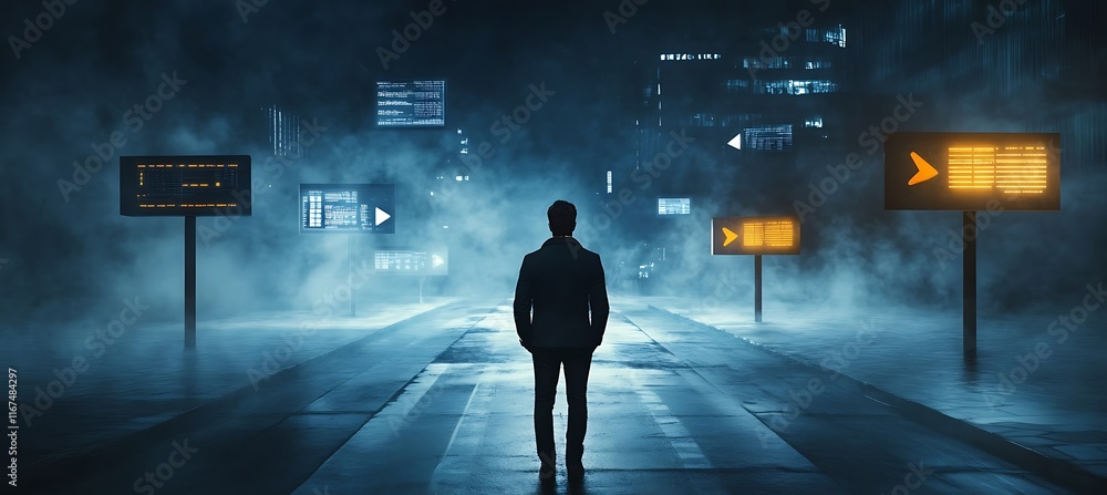 Poster conceptual image of a businessman standing at a crossroads with digital signs pointing in different 