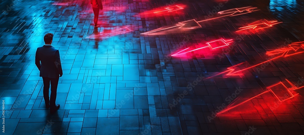 Poster conceptual image of a businessman standing at a crossroads with digital signs pointing in different 