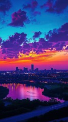 Fototapeta premium A vibrant sunset over a city skyline reflected in water.