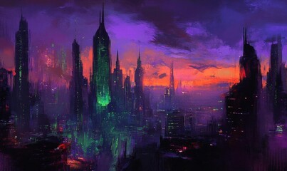 A vibrant, futuristic cityscape at dusk with towering skyscrapers.