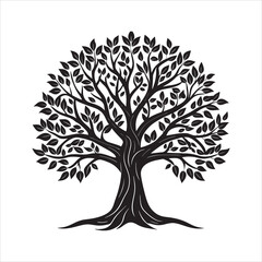 Obraz premium Elegant Tree with Dense Branches and Leaves Vector Illustration in Black and White