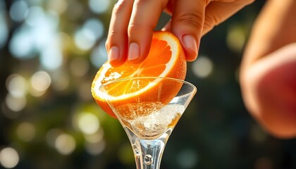 A hand squeezing juice from a vibrant orange into a glass, droplets sparkling in the light