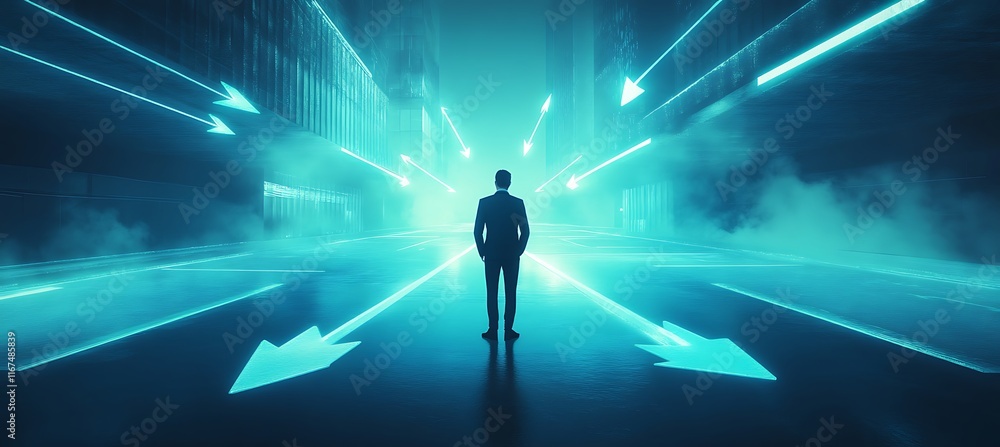Poster a conceptual image of a businessman standing at a digital crossroads with glowing arrows pointing in