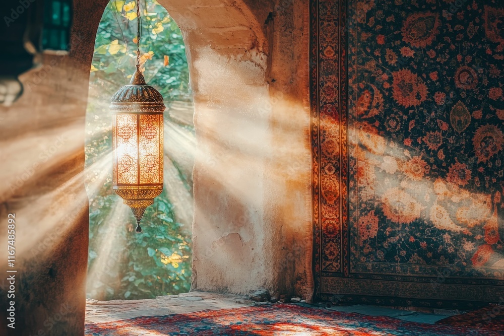 Poster Sunlit ornate lantern, textured wall, patterned rug.