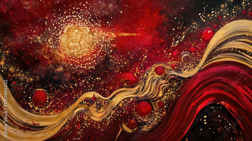 Poster abstract fireworks display with bold red and gold streaks, glowing orbs, and intricate wave patterns