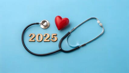 2025 New year for healthcare concept. Stethoscope with 2025 gold & wood number and red heart on blue background. health care and medical. health insurance. Mental Wellness. New Year resolutions .