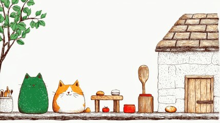 Whimsical illustration of animals and a quaint cottage.