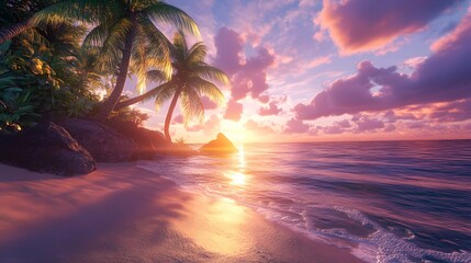 Serene sunset over a tropical beach with palm trees and calm ocean waves.