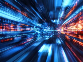 Image depicting futuristic digital data streaming through a luminous cityscape, representing speed, technology, and the rapid flow of information in a high-tech era