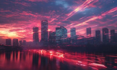 Obraz premium A vibrant city skyline at sunset, reflecting on water with dynamic colors.