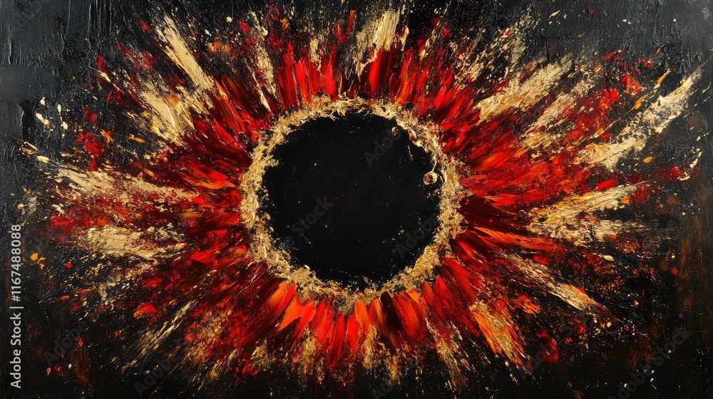 Poster abstract fireworks with bright red and gold sparks, forming a dynamic circular pattern on a textured