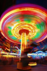 A vibrant carousel spinning at night, illuminated by colorful lights.