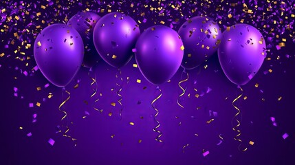 Purple Birthday or Anniversary Banner with Flying Helium Balloons and Confetti Ribbons for Holiday Greeting