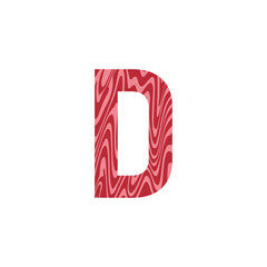 Letter D from fresh raw meat with marble. Vector latin meat alphabet.  Red tenderloin beef meat font for restaurants, butcher shop, farmers market.