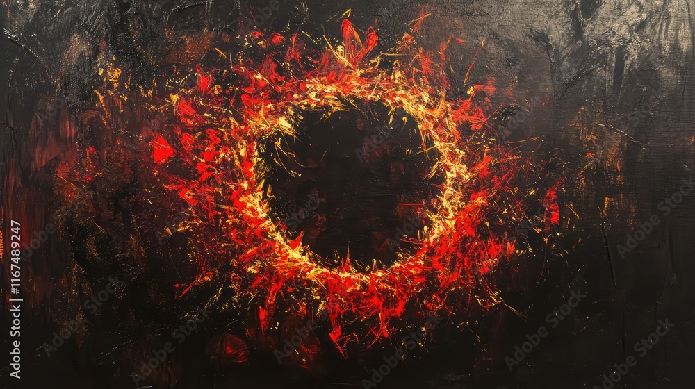 Poster abstract fireworks with bright red and gold sparks, forming a dynamic circular pattern on a textured
