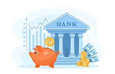 Piggy bank, money, coins, dollars and bank building. Concept of banking, capital accumulation, money savings, investment, finance and banking services. Vector illustration in blue color.