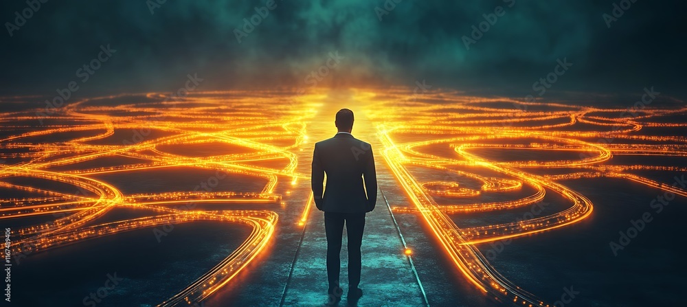 Aufkleber a conceptual image of a businessman looking at a glowing digital road map with multiple paths, repre