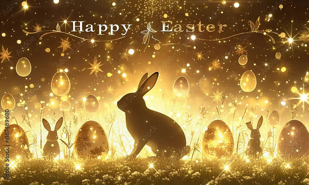 Poster a rabbit is sitting in a field of eggs, with a sign that says happy easter. the image has a warm and