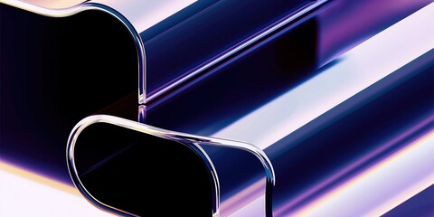 Artistic 3D composition of reflective metallic shapes in vibrant purple and blue hues