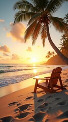 Fototapeta premium Serene Tropical Beach at Sunrise with Golden Light