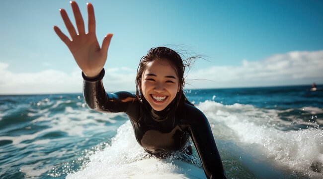 Une femme asiatique &acirc;g&eacute;e de 20 ans, heureuse, dans l'oc&eacute;an avec sa planche de surf, v&ecirc;tue d'une combinaison noire, saluant la cam&eacute;ra.