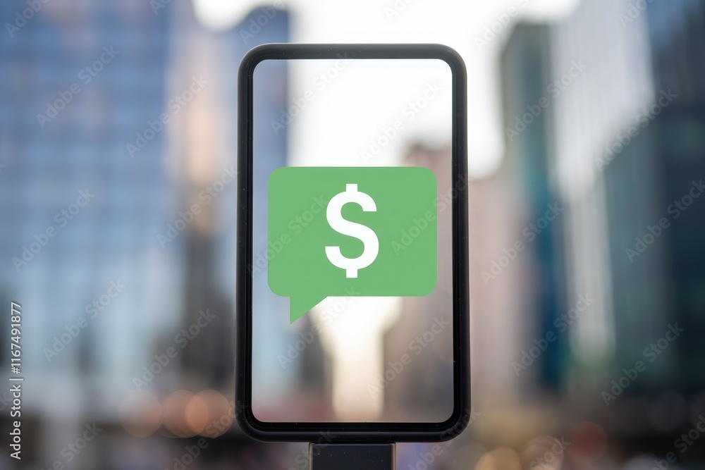 Poster smartphone displays a green speech bubble with a dollar sign, symbolizing mobile payment.