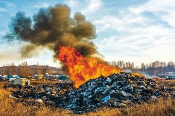 Burning pile of waste releasing toxic fumes.