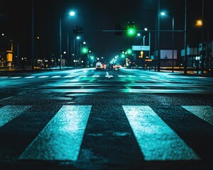 A quiet night street scene featuring illuminated traffic lights and reflective zebra crossings.