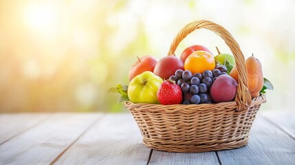 Fresh Fruits in Minimalist Basket on Wooden Table