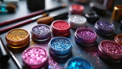 Naklejka premium Colorful glitter jars for vibrant carnival makeup on table, festive celebration decor