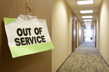 Brightly Lit Office Hallway with "Out of Service" Notice Taped to Door in a Quiet and Empty Workspace Environment