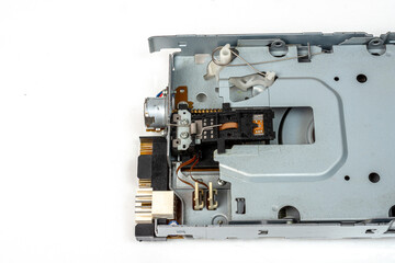 An electronic board with radio components, connectors, slots and a processor chip from an electronic CD reader,