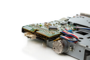 An electronic board with radio components, connectors, slots and a processor chip from an...