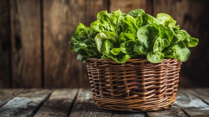 Fresh Greens in a Wooden Basket on a Table