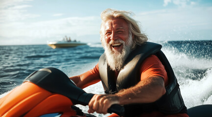 Fototapeta premium Un homme senior, barbe et cheveux longs, heureux et souriant, conduisant un jet ski dans l'océan, vacances d'été ou retraite de rêve.