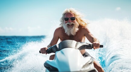Un homme senior, barbe et cheveux longs, heureux et souriant, conduisant un jet ski dans l'océan, vue de face, vacances d'été ou retraite de rêve.