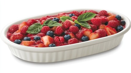 Oval white ceramic baking dish filled with a mixed berry dessert, including strawberries, raspberries, and blueberries, garnished with fresh basil.